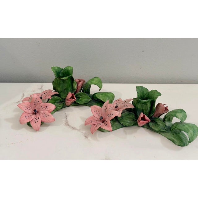 Vintage Italian Porcelain Flowers Sculpture Taper Candle Holders Signed Capodimonte - A Pair For Sale In Miami - Image 6 of 11