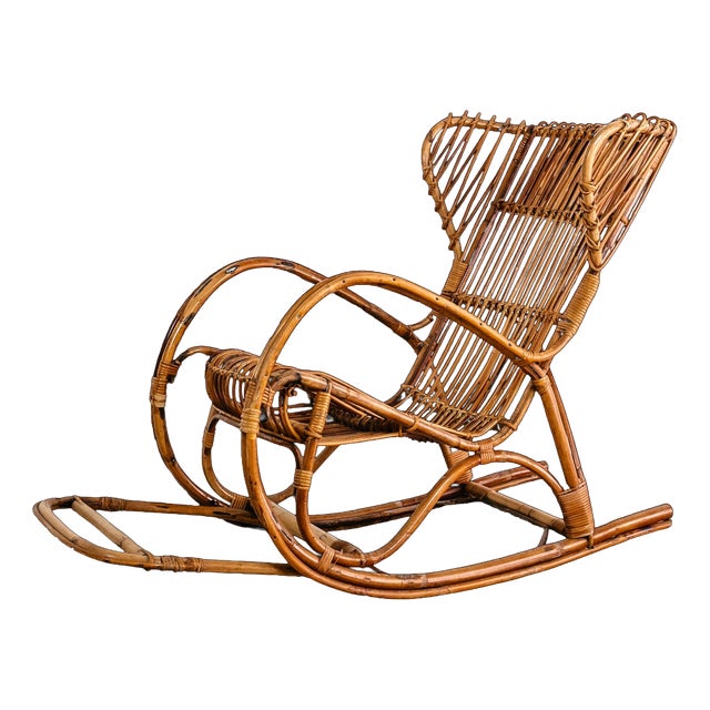 Vintage Rocking Chair in Bamboo and Woven Wicker, 1960s For Sale