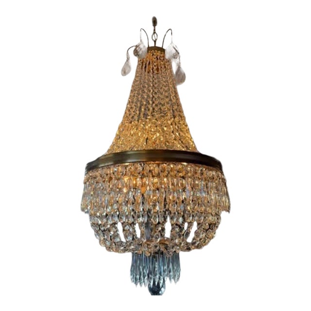 Vintage Chandelier- Extraordinary French Montgolfière Empire-Brass & Crystal Basket Chandelier For Sale