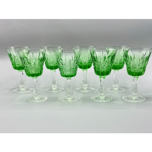 Vintage Emerald Green Cut Crystal Wine Glasses from Cristalería San Carlos, Argentina, 1950s, Set of 8 For Sale - Image 6 of 18