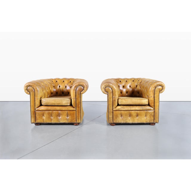 Mid-Century Modern Vintage English Leather Chesterfield Club Chairs For Sale - Image 3 of 14