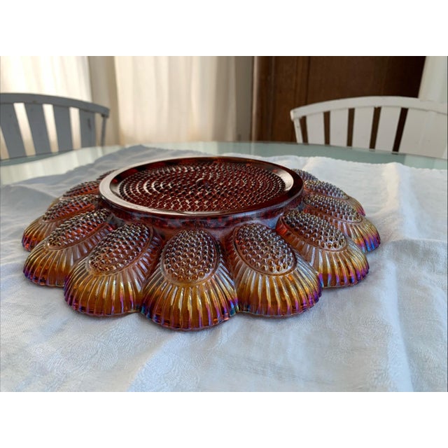 Glass Vintage Indiana Glass Iridescent Gold Carnival Deviled Egg Platter or Relish Plate For Sale - Image 7 of 12