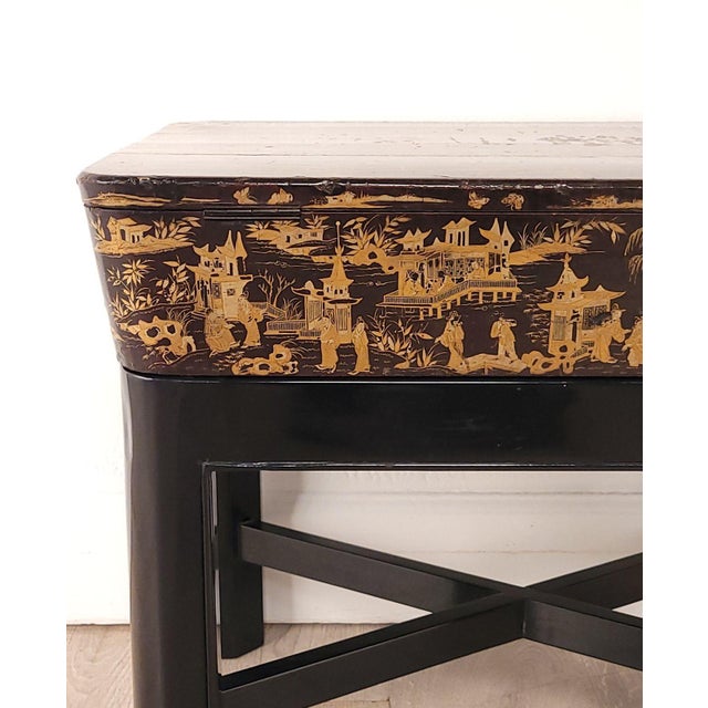 Gold Chinese Export Work Box on Later Custom Stand, 19th Century For Sale - Image 8 of 12