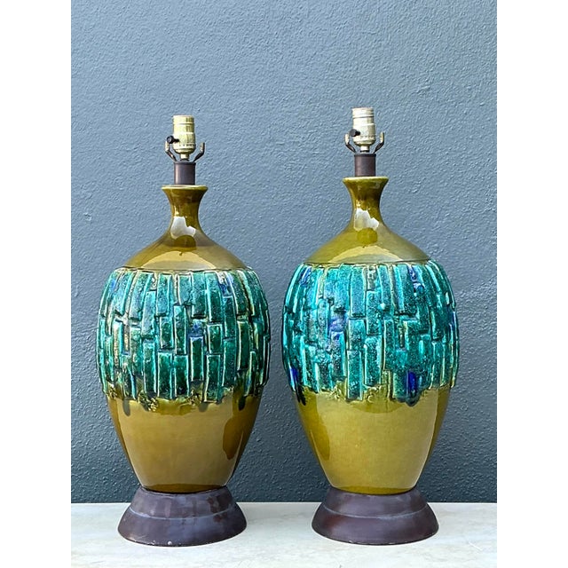 Olive Vintage MCM Glazed Ceramic Lamps - A Pair For Sale - Image 8 of 9