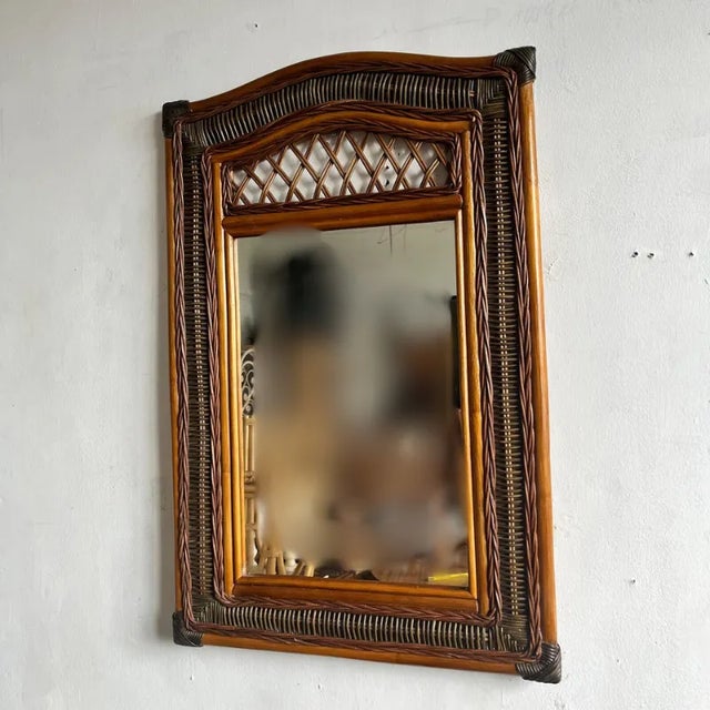 Vintage Bamboo and Wicker Wall Mirror For Sale - Image 4 of 5