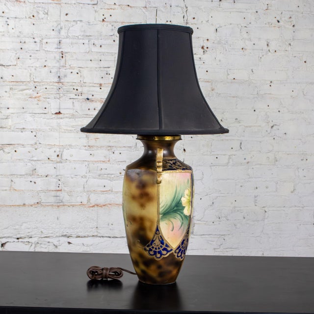 Victorian Early 20th Century Floral Table Lamp Hand Painted Porcelain Style of Royal Nippon Black Bell Shade For Sale - Image 3 of 18