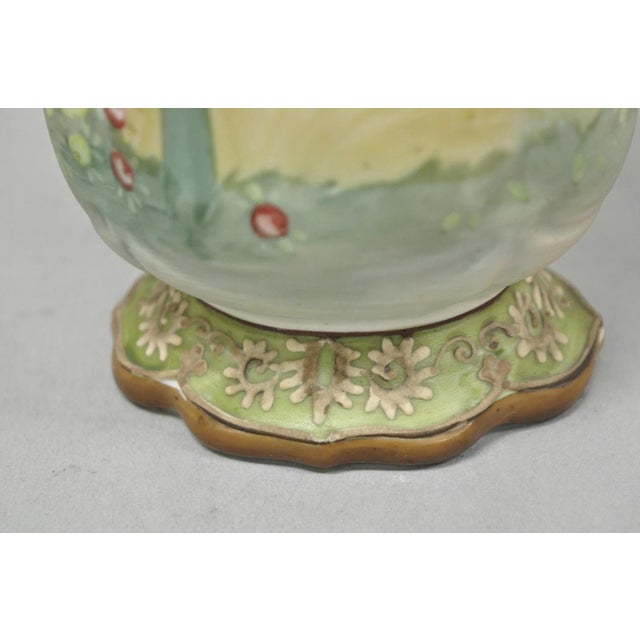 Antique Nippon Hand Painted Porcelain Moriage Twin Handle Countryside Scene Vase For Sale - Image 14 of 18