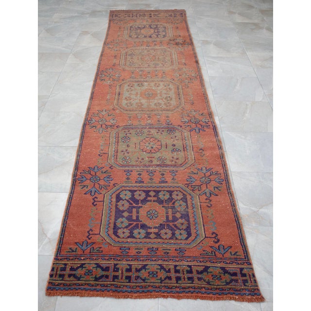 Mid-Century Modern 1970s Distressed Oushak Runner Rug Muddy Waters Color Hallway For Sale - Image 3 of 10