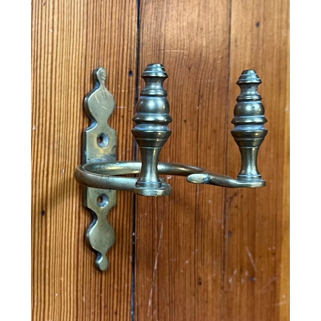 Pair antique 19th c. American Federal brass jamb hooks for holding fireplace hearth tools. These mount on the mantel....