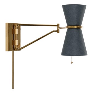 Gable Swing Arm Sconce, Antique Natural Brass with Storm Blue Shade For Sale
