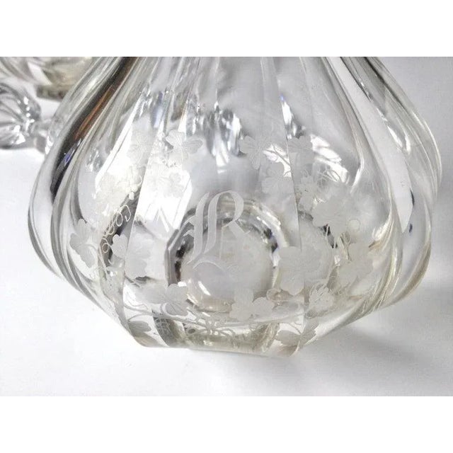 Transparent Antique Pair of Circa 1900 Panel Cut and Engraved Decanters For Sale - Image 8 of 10