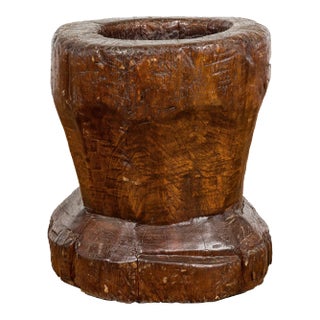 19th Century Rustic Teak Wood Mortar Urn, Antique Planter for Vintage Home Decor For Sale