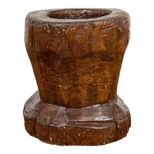 19th Century Rustic Teak Wood Mortar Urn, Antique Planter for Vintage Home Decor