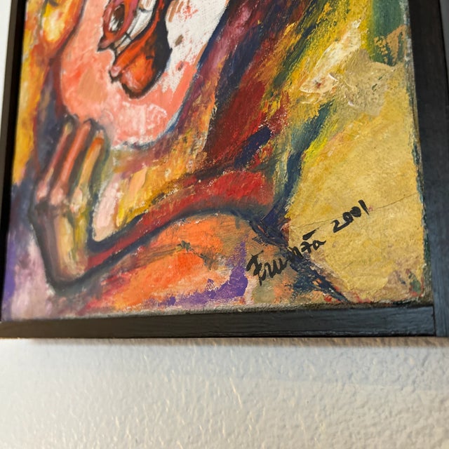 What a cool small scale painting this is! Signed and dated in 2001 and in a simple black wood frame, this piece can add a...
