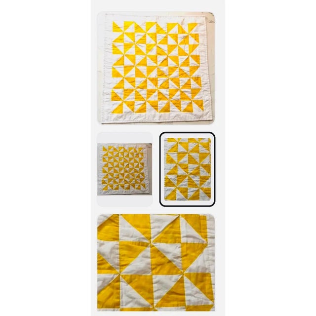 1950s American Patchwork Bowtie Quilt — Sunshine Yellow & White Cotton 35” Square For Sale - Image 6 of 18