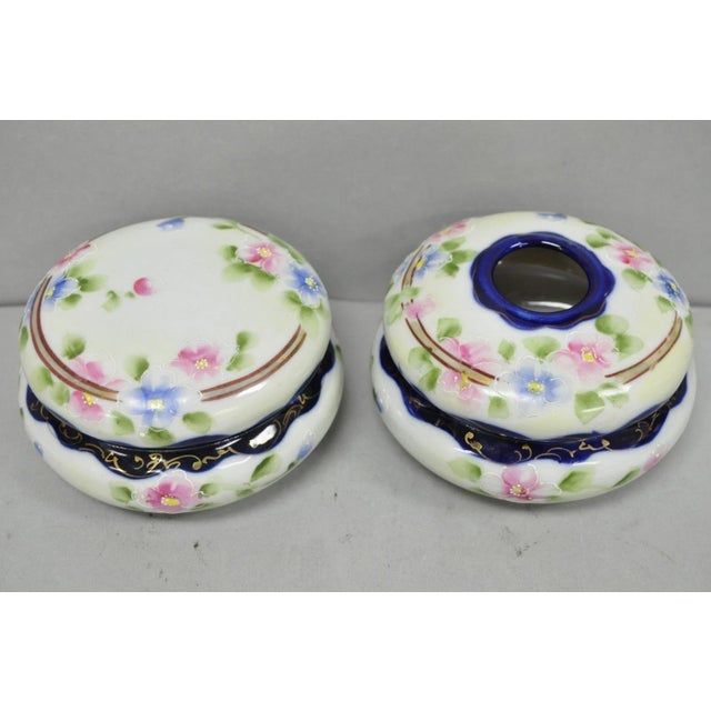 Victorian Early 20th Century Victorian Japanese Hand Painted Porcelain Cobalt Blue Hair Receiver & Powder Jar For Sale - Image 3 of 14