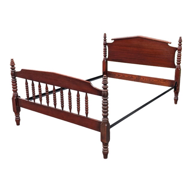 Vintage American Classical Bobbin Turned Mahogany Spindle Bedframe For Sale