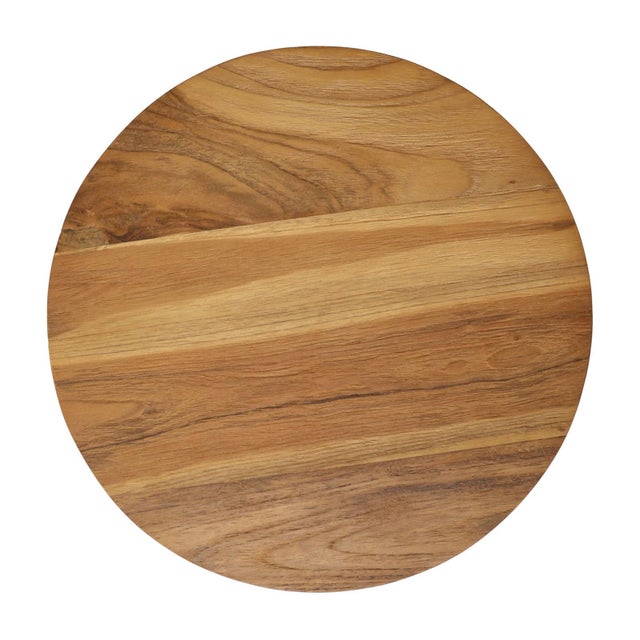 Modern round natural teak wood top side table with bulb shape concrete base. Each may vary in exact coloring and inherent...