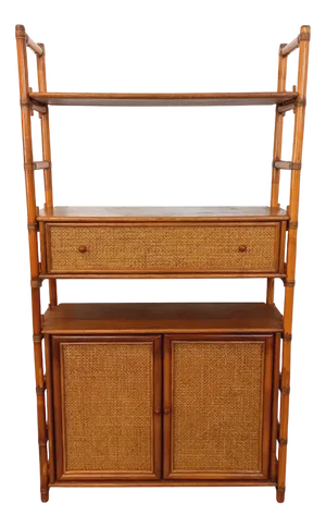 Large Vintage Bookcase Shelf in Wood and Canework, 1960s