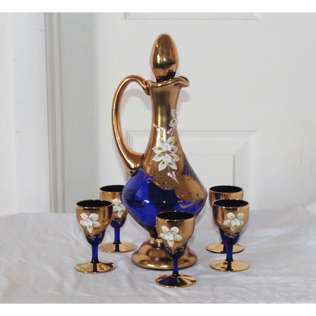Vintage Czech Bohemian Cobalt Blue Decanter Set with (6) Glasses. This set is absolutely magnificent and it has great...