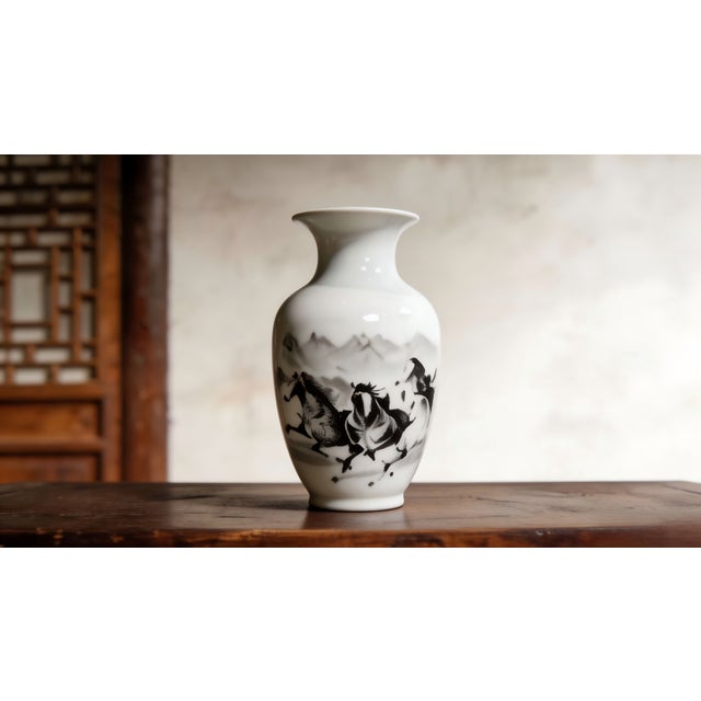 Chinese Chinese Ceramic Vase Qianlong Marked Famille Rose Porcelain Vase Hand Painted Eight Horses Pattern For Sale - Image 3 of 12