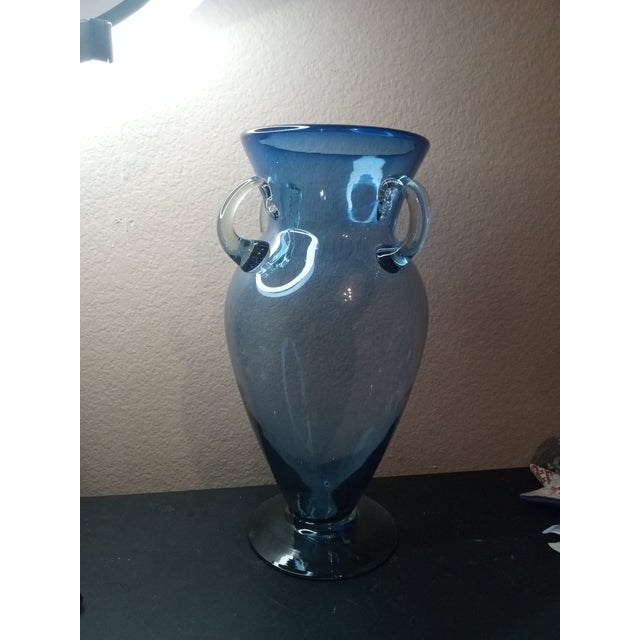 American Exquisite Blenko Art Glass Blue Urn Style Pedestal Vase For Sale - Image 3 of 5