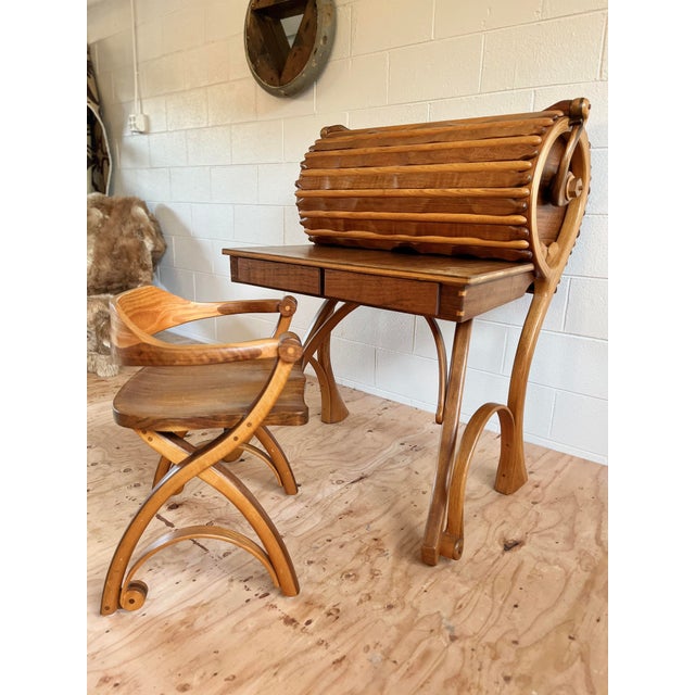 American 1980s Handcrafted Bentwood Roll Top Desk With Chair For Sale - Image 3 of 12