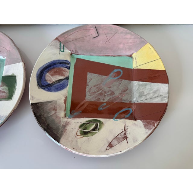 Pair of 1980s Vintage Handmade Abstract Wall Art Ceramic Plates by Larry H. For Sale - Image 4 of 10