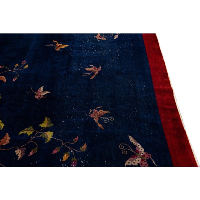 Antique Art Deco Chinese Handmade Floral Blue Wool Rug For Sale In New York - Image 6 of 13