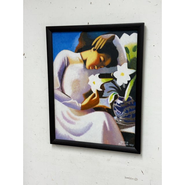 Contemporary Gia Dinh Bac Chien Tang "Young Women With a Lilies" Reproduction Print, Framed For Sale - Image 3 of 12