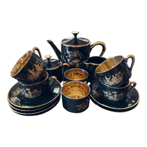 Vintage 1950's Carole Stupell Chinoiserie Porcelain Full Coffee Set for 6 Black Gold Made in France- 17 Pieces