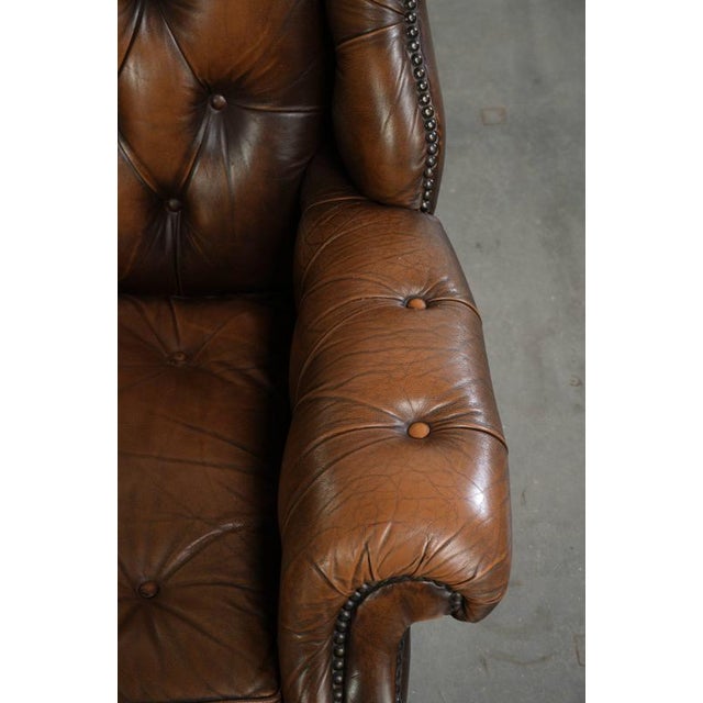 Brown Vintage English Cowhide Chesterfield Wing Armchair For Sale - Image 8 of 13