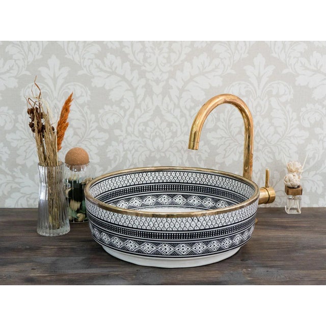 Contemporary Ceramic Sink for Bathroom Brass Rim Vanity Sink Moroccan Handmade For Sale - Image 3 of 5