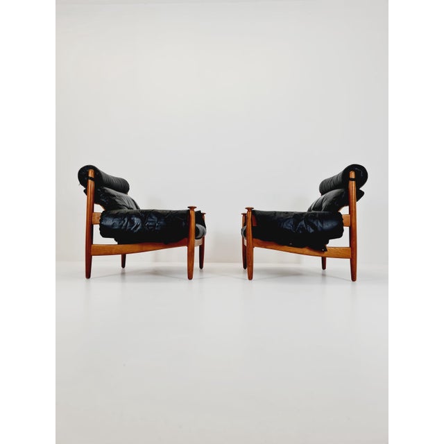 Mid-Century Lounge Chairs in Leather and Oak by Eric Merthen for Ire Möbler, Sweden, 1960s, Set of 2 For Sale - Image 3 of 11