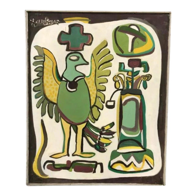 Mid Century Folk Art Painting "Bird" For Sale