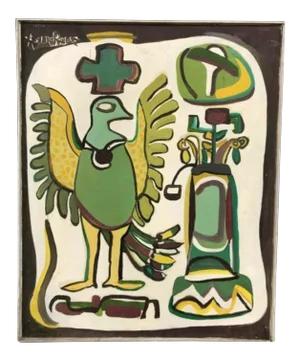 Mid Century Folk Art Painting "Bird"