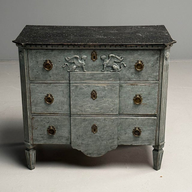 Gustavian, Swedish Commodes, Blue Paint Distressed, Brass, Sweden, 19th C. For Sale - Image 10 of 12