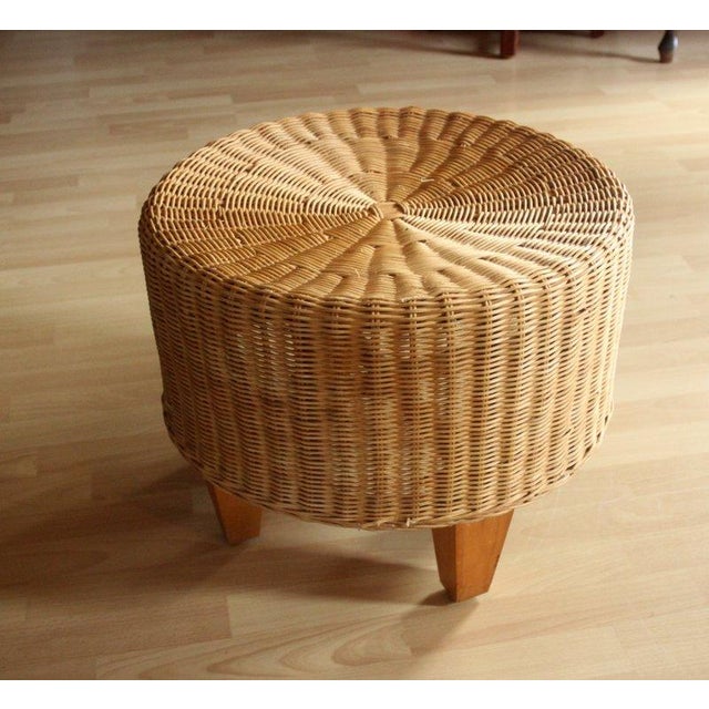 Round Rattan, Bamboo and Wooden Side Table - Foot Stool - Ottoman Vintage For Sale - Image 6 of 9