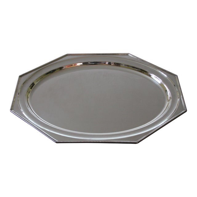 1970’s Vintage/New Silverplate Octagonal Oval Platter With Bead Pattern, Applied Border For Sale
