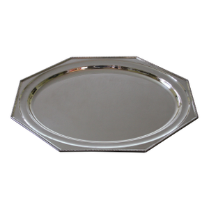 1970’s Vintage/New Silverplate Octagonal Oval Platter With Bead Pattern, Applied Border