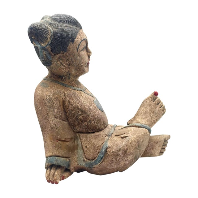 Hand Carved Asian Seated Girl Wood Sculpture 13.5" For Sale - Image 9 of 11