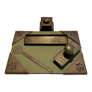 Antique Hammered Chinoiserie Brass Bronze Desk Set- 5 Pieces