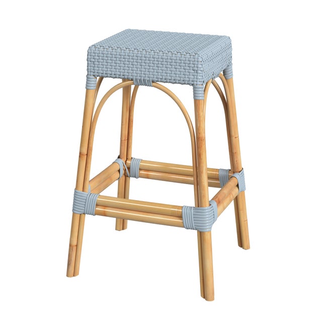 Wood Robias 30 in. Seat Height Rectangular Rattan Backless Bar Stool, Baby Blue/ Natural Rattan Frame For Sale - Image 7 of 7