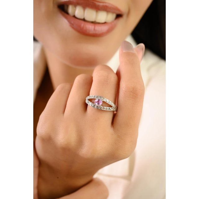 Delicate 0.5 Ct Pink Sapphire & Diamond Split Shank Promise Ring Made in 925 Silver - Size 8 For Sale - Image 6 of 10