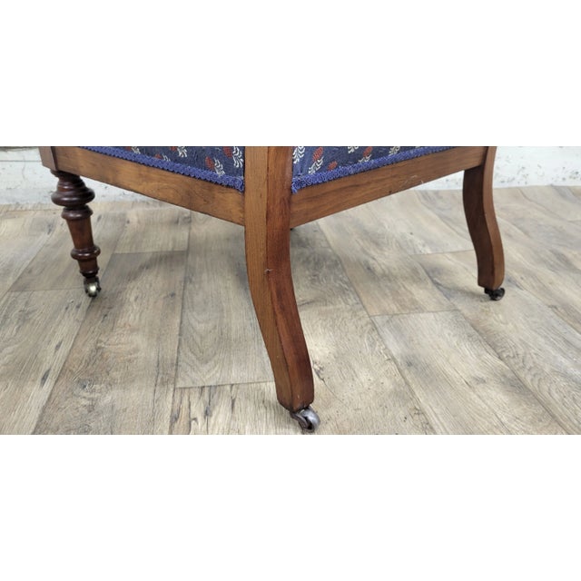 Blue Antique Victorian Eastlake Style Carved Pineapple Upholstered Parlor Chairs For Sale - Image 8 of 11