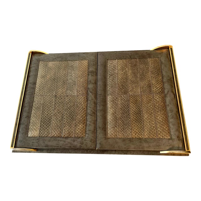 Leather and Reptile Mexican Brass Trimmed Folding Blotter with Pockets For Sale