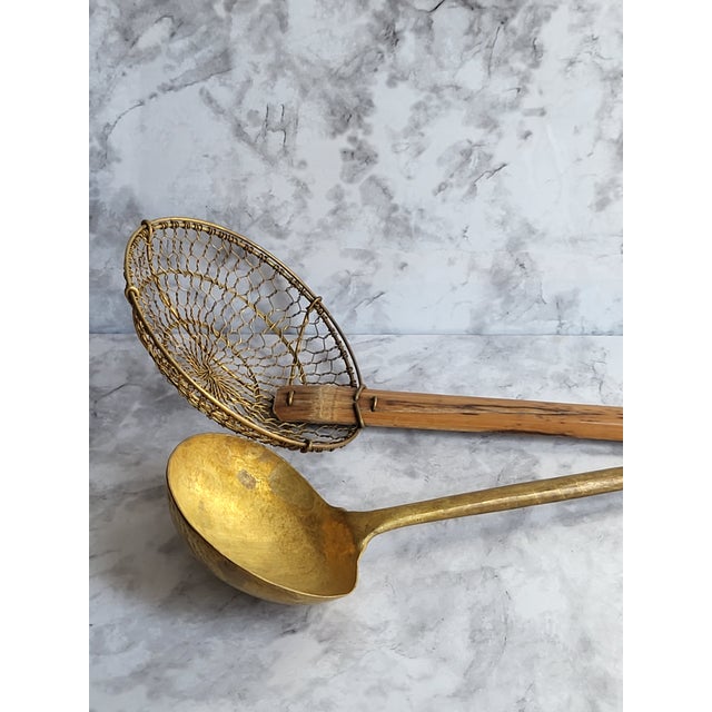 Antique Brass Ladle & Wire Strainer With Bamboo Handle For Sale - Image 12 of 13