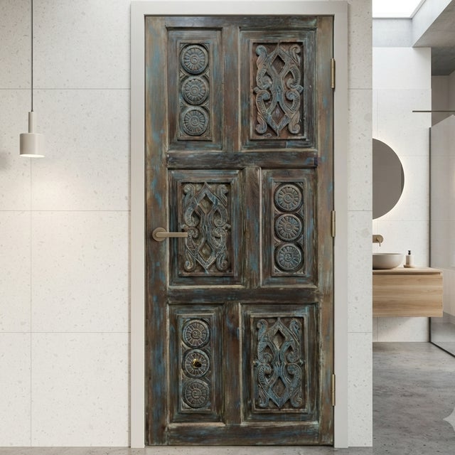 Wood Vintage Lotus Carved Wood Door | Distressed Blue Sliding Barn Door 80x36 For Sale - Image 7 of 7
