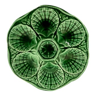 Antique 1920s French Sarreguemines Majolica Green Oyster Plate For Sale
