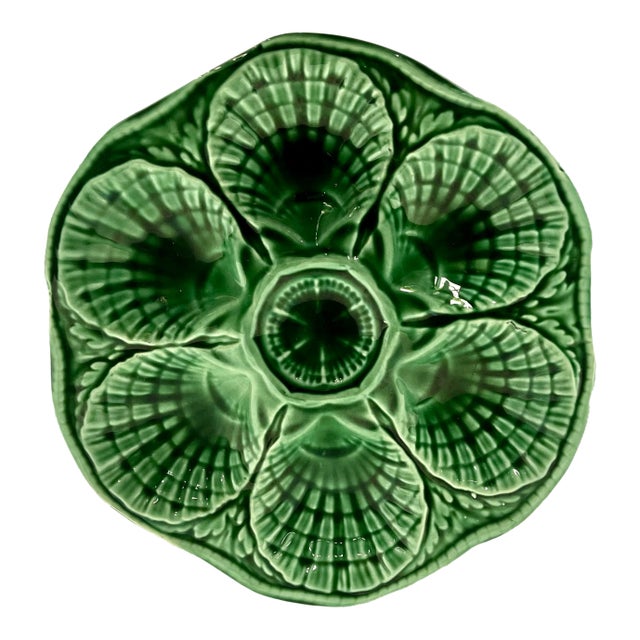 Antique 1920s French Sarreguemines Majolica Green Oyster Plate For Sale